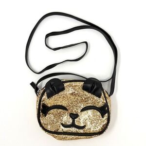 Cat &‎ Jack Cat Face Crossbody Purse Gold Glitter Black Small